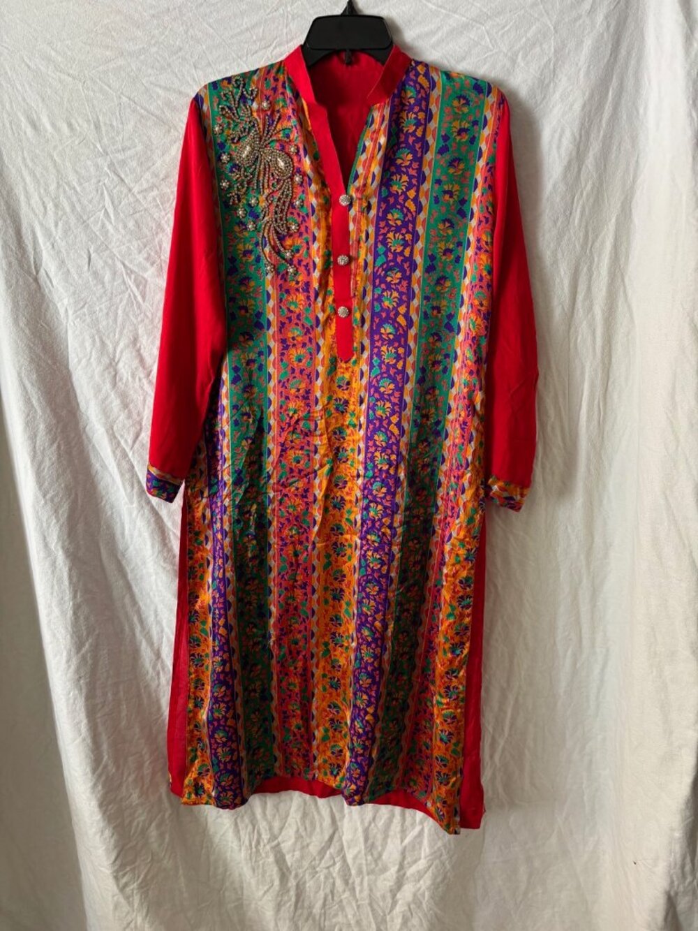 Silk Tunic Kurta Beads Rhinestone Floral Detail Size Large 12 14